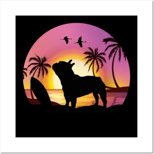 Summer for French lovers, French bulldog and beach, sunset, plam tree, surfing Posters and Art